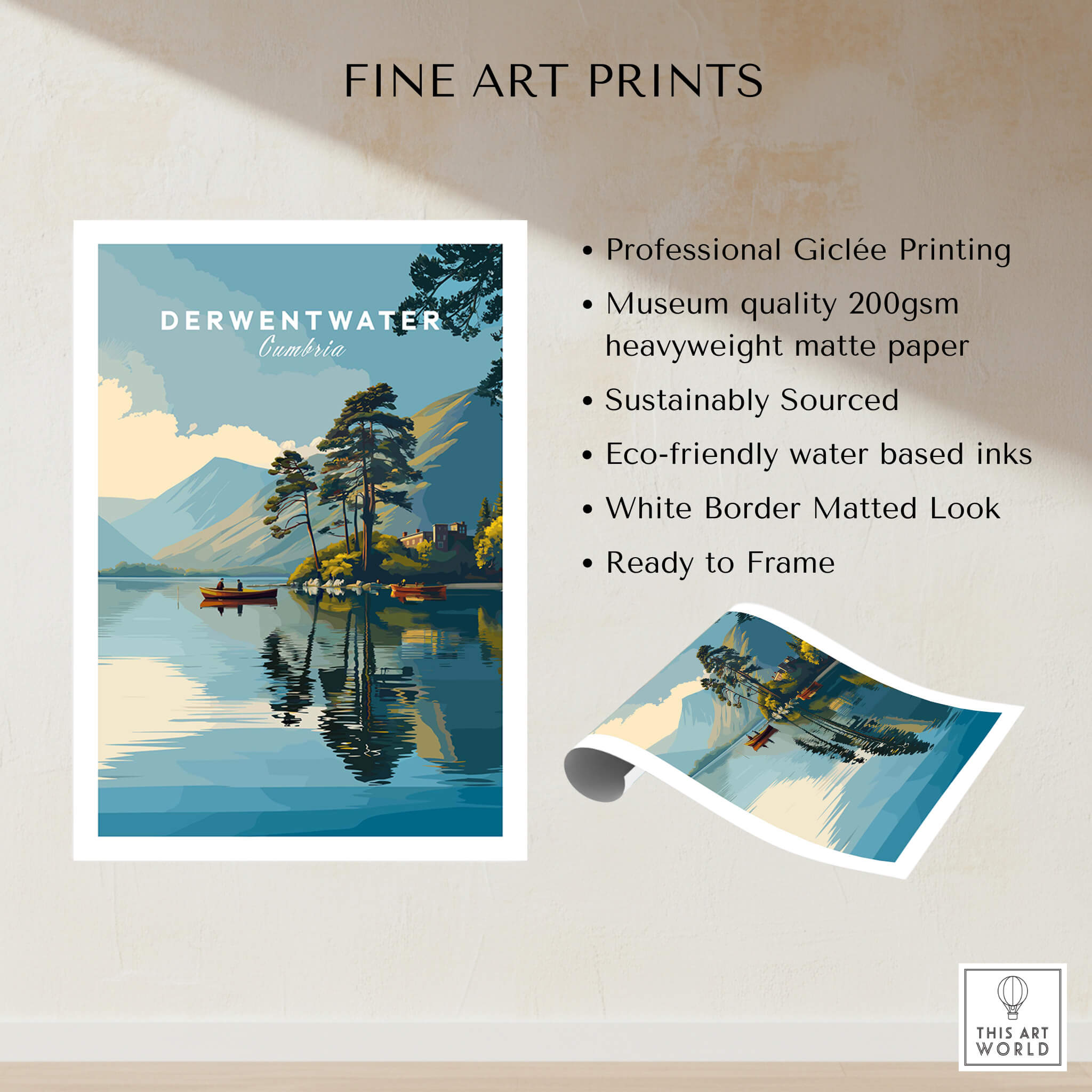 Derwentwater Print – Lake District Sunset Poster showcasing a tranquil scene of water and mountains.