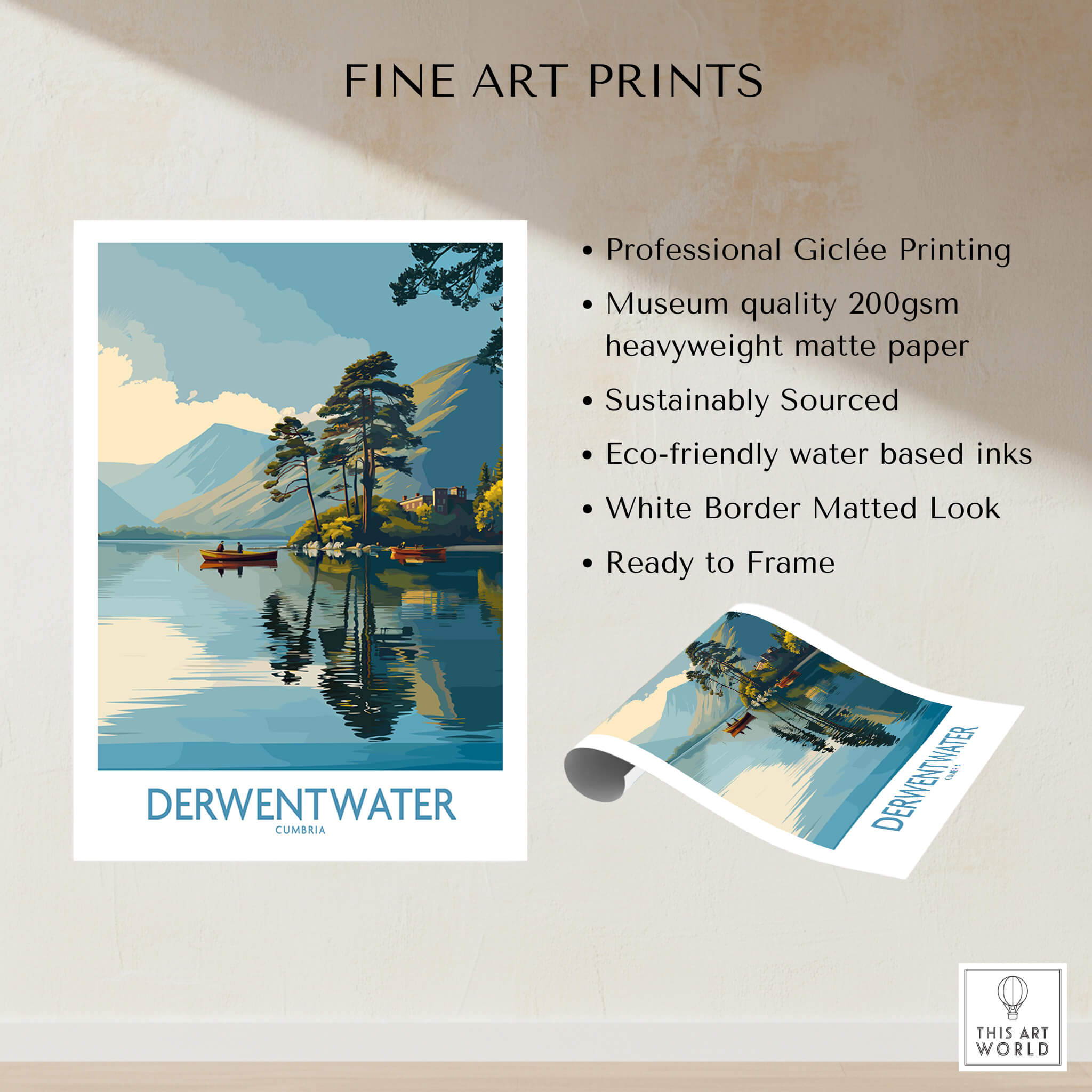 Derwentwater Cumbria Wall Art – Canvas Print showcasing Giclée printing and scenic lake imagery.