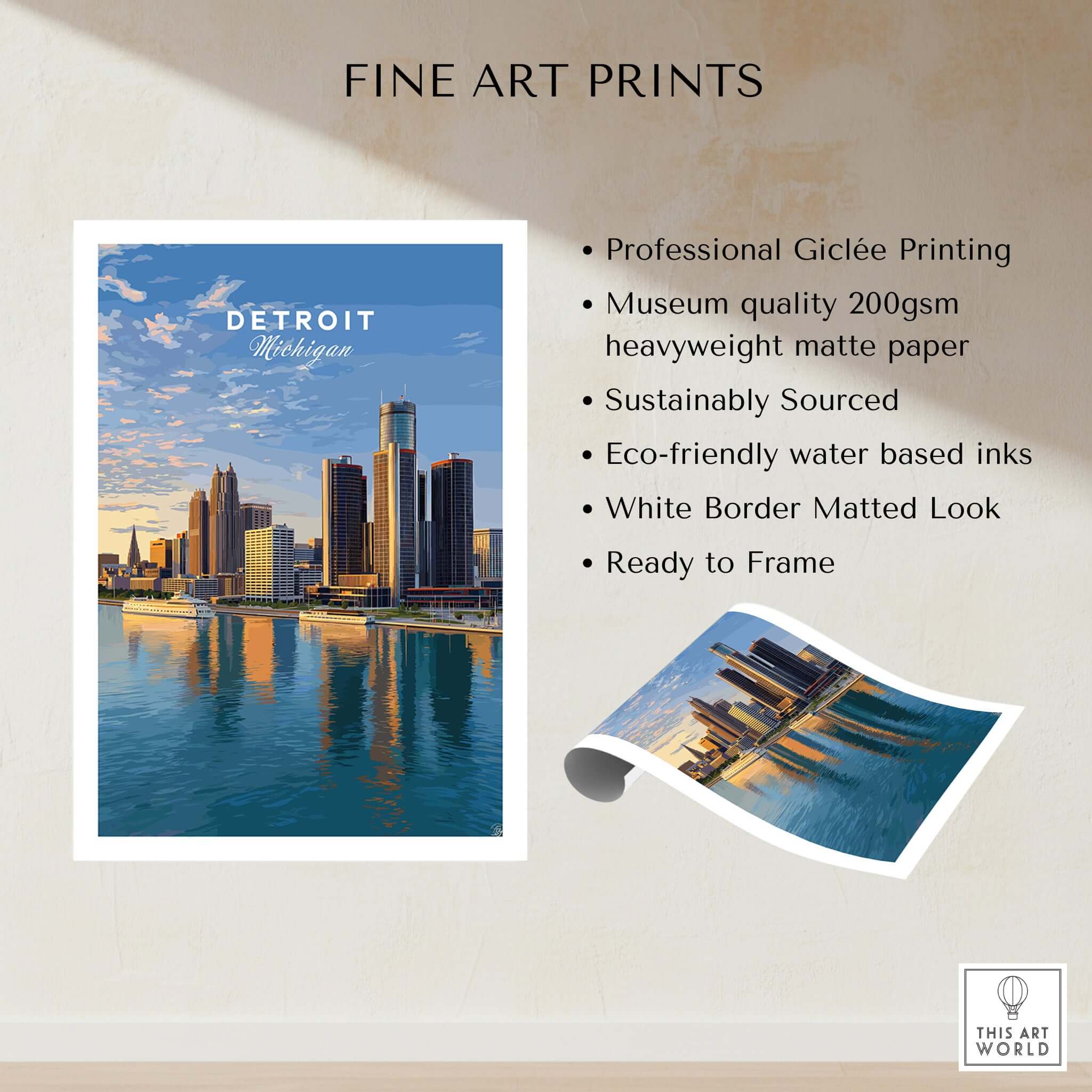 Detroit Riverfront Sunset View Print | Modern US City Wall Decor showcasing professional Giclée printing and vibrant cityscape.