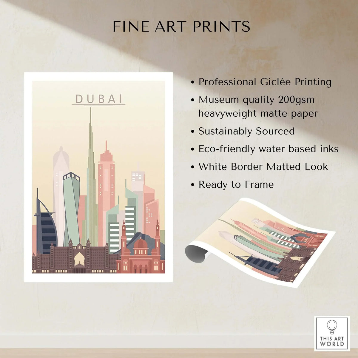 Dubai Wall Art | City Skyline Print featuring professional Giclée printing and eco-friendly materials.