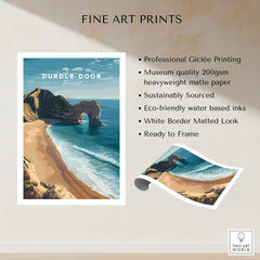 Durdle Door Poster – Jurassic Coast Wall Art displayed with details on professional printing and eco-friendly materials.