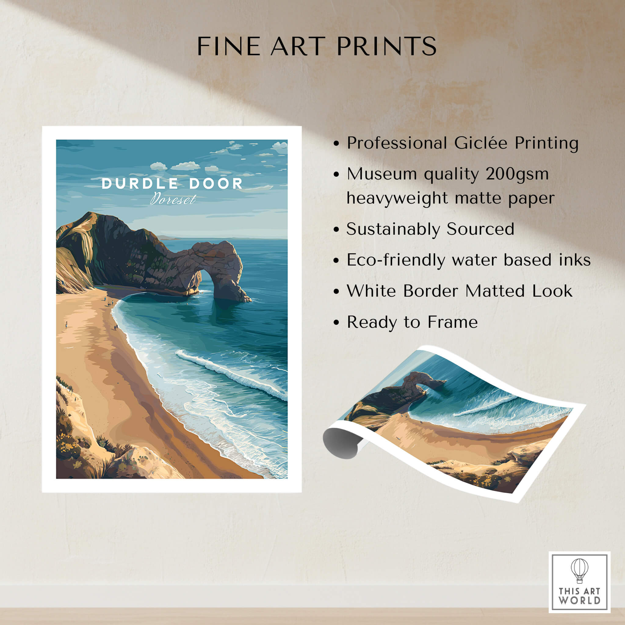 Durdle Door Poster – Jurassic Coast Wall Art displayed with details on professional printing and eco-friendly materials.