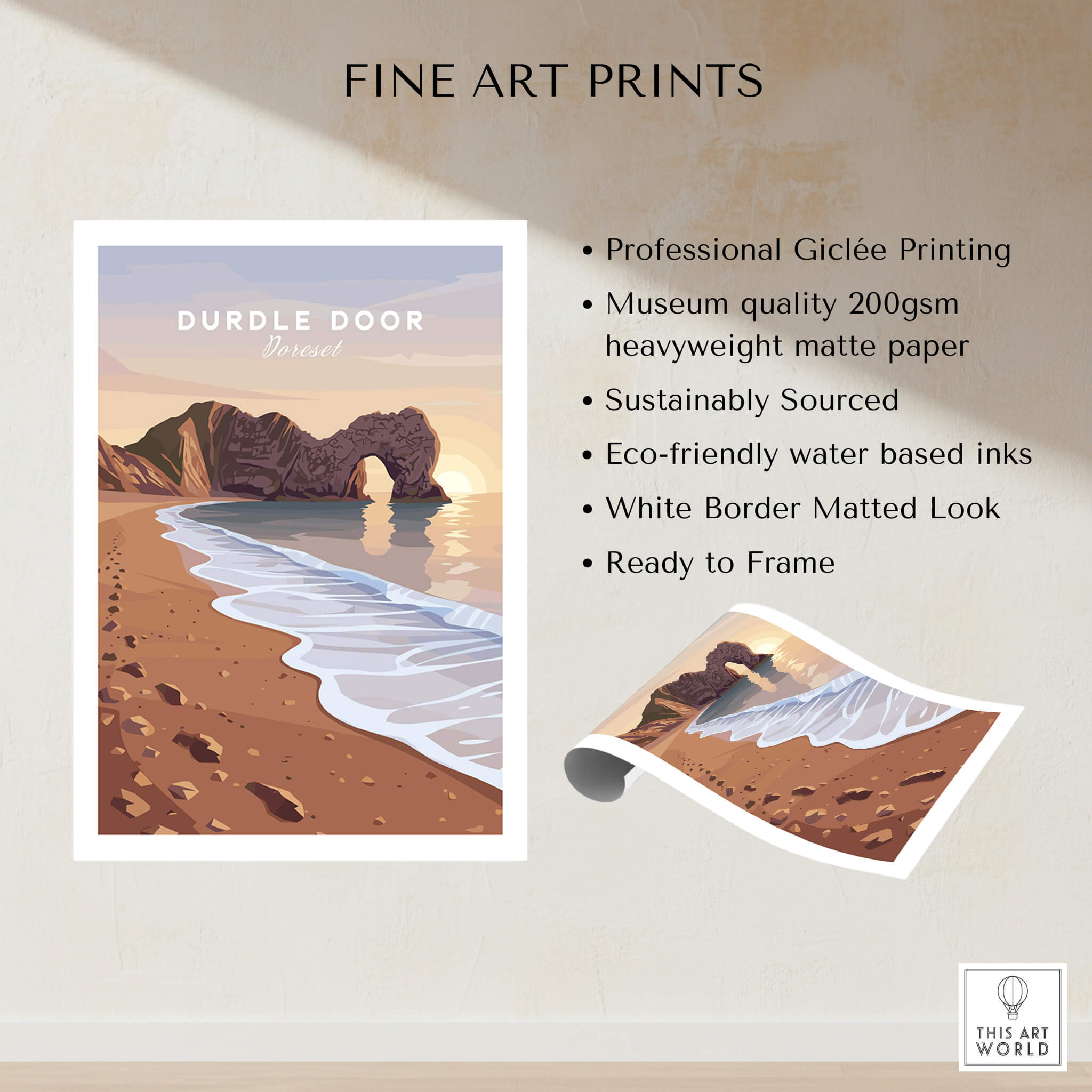 Durdle Door Travel Poster – Jurassic Coast Sunset Art featuring stunning coastline and beautiful sky.