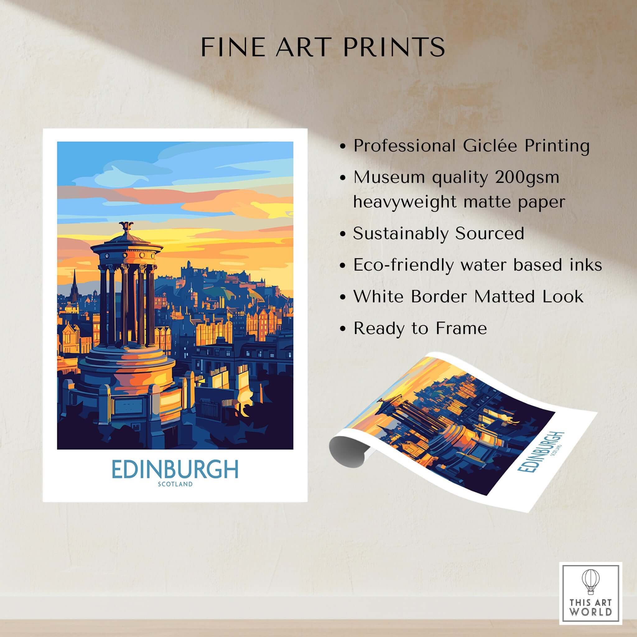 Edinburgh Travel Poster featuring iconic landmarks and vibrant colors, perfect for home decor.