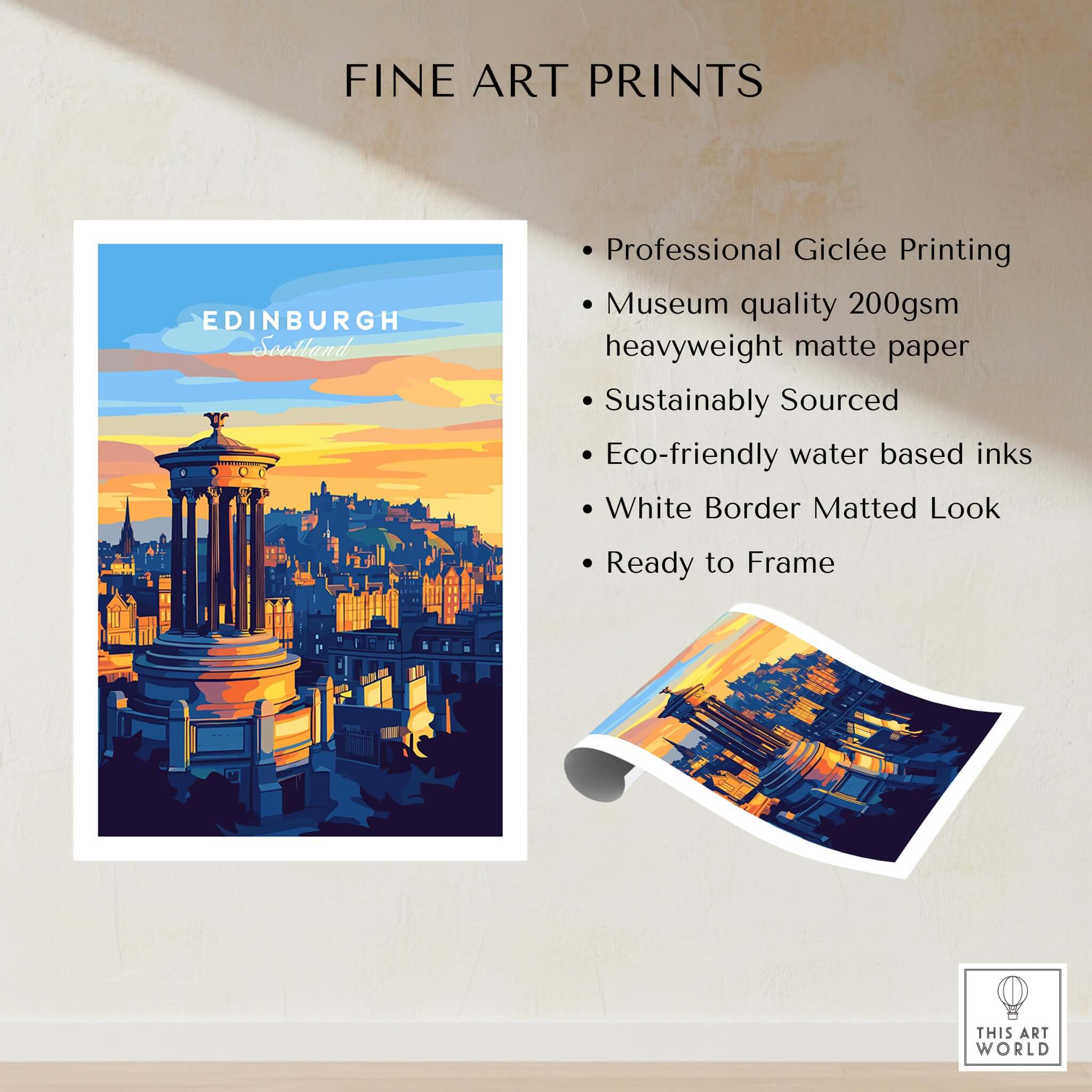 Edinburgh Travel Print showcasing iconic architecture and vibrant colors of Edinburgh, perfect for home or office decor.