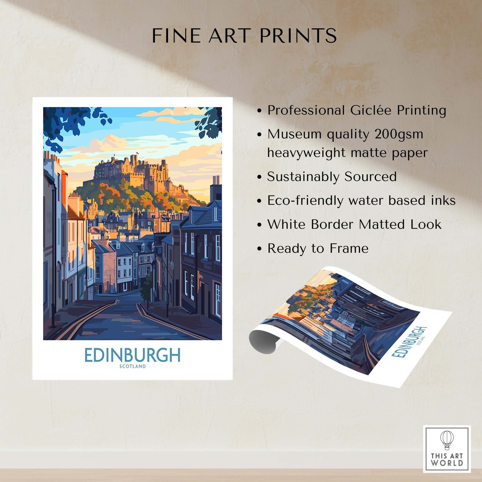 Edinburgh Wall Art Print featuring Edinburgh castle, ideal for home decor and Scotland travel enthusiasts.
