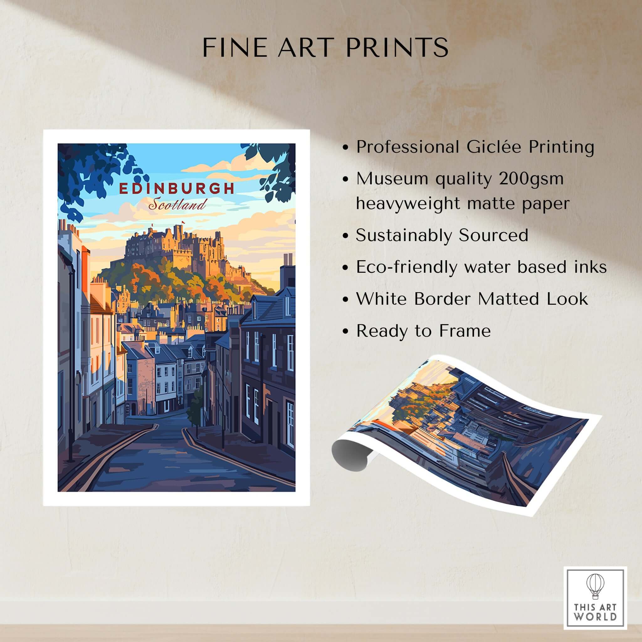 Edinburgh Wall Art showcasing Edinburgh Castle during sunset, perfect for home decor and a touch of Scotland.