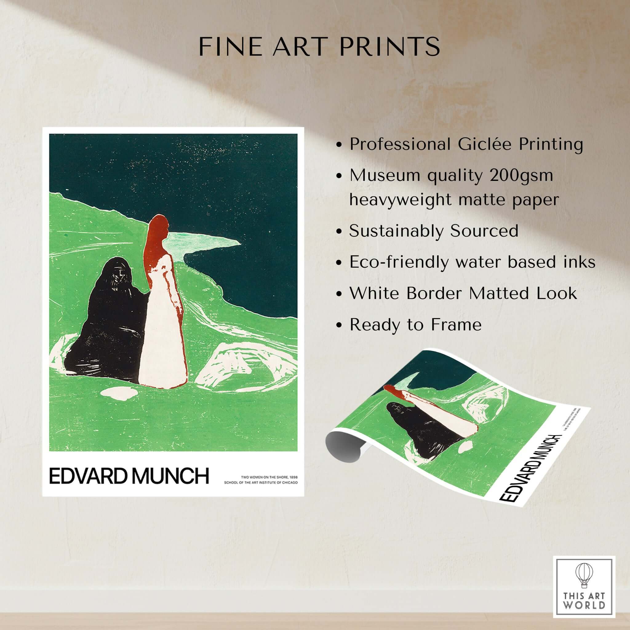 Edvard Munch Art Print - Two Women on the Shore 1898 Woodcut AIC Poster features museum quality printing and eco-friendly materials.
