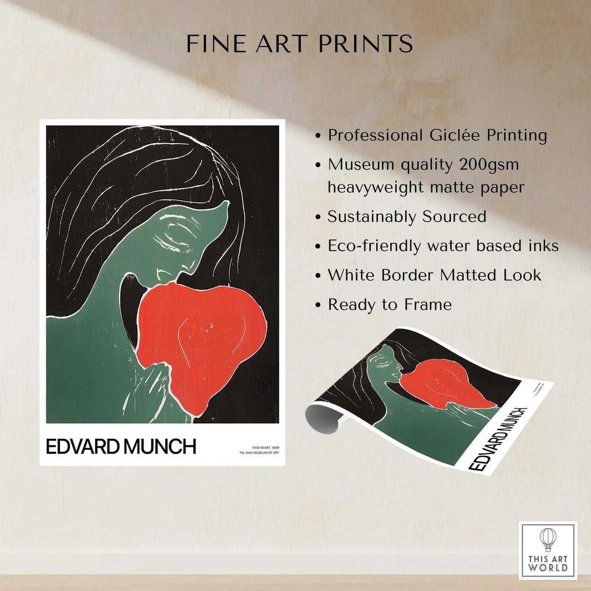 Edvard Munch Art Print - Edvard Munch Two Heart c1899 Woodcut - Symbolist Love Poster on display with product details.