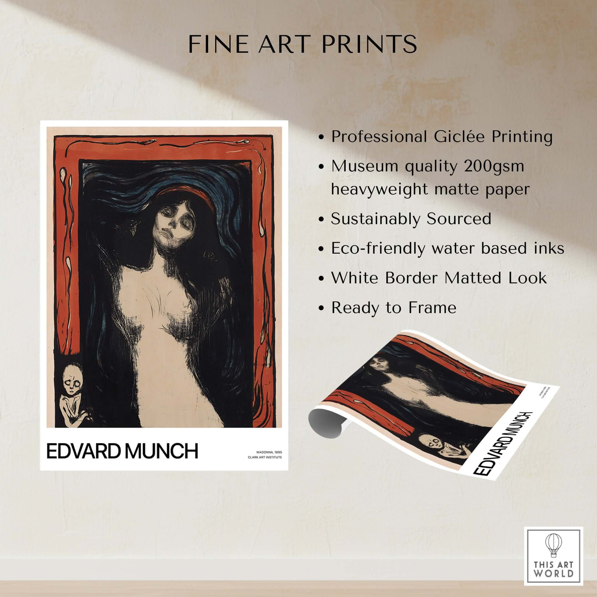 Edvard Munch Art Print - Madonna 1895 Color Lithograph Symbolist Poster showcased in a high-quality fine art print setting.