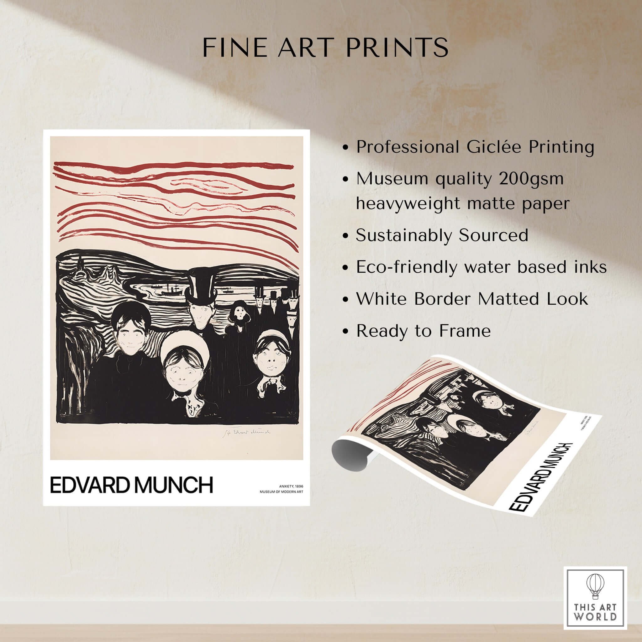 Edvard Munch Art Print - Anxiety 1896 Expressionist Lithograph MoMA Poster displaying print quality features.