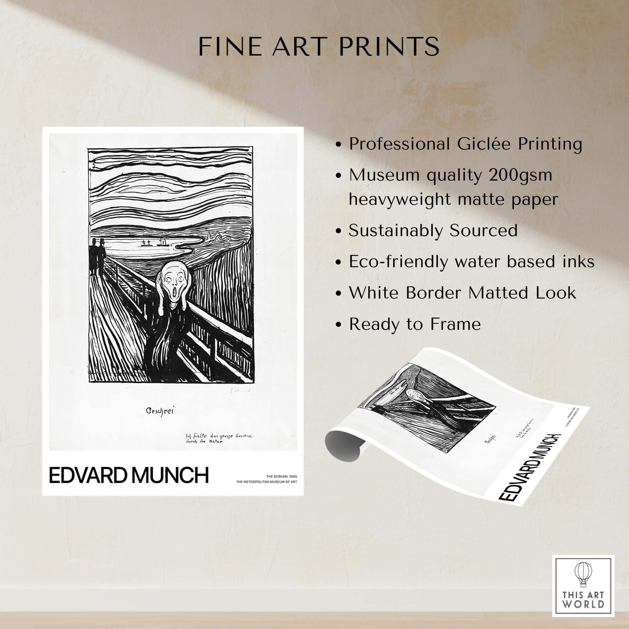 Edvard Munch The Scream 1895 Lithograph Art Print Expressionist Poster showcasing professional Giclée printing and white border.