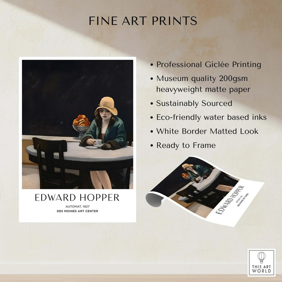 Edward Hopper Automat 1927 Des Moines Art Center Poster Print showcasing giclée printing and eco-friendly materials.