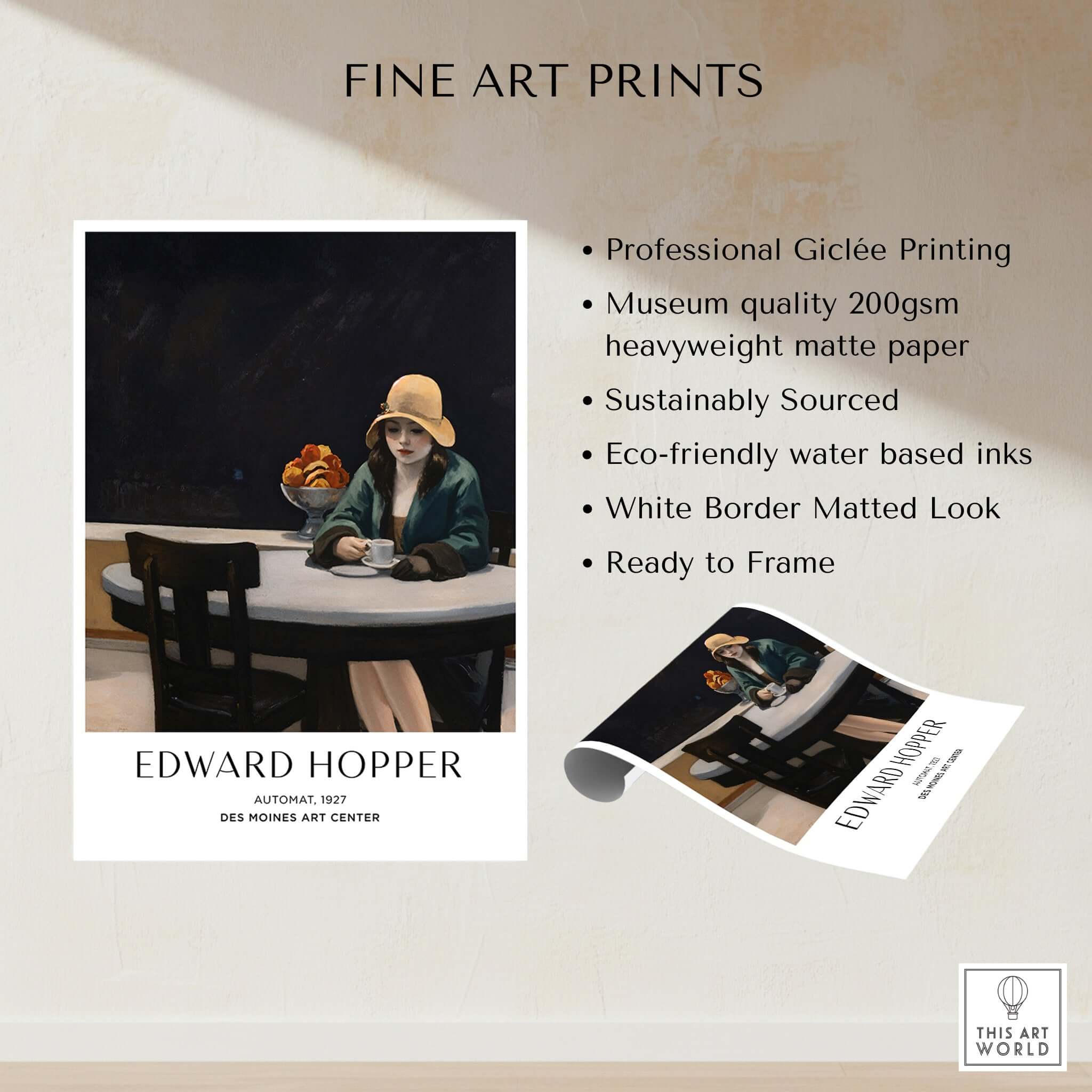 Edward Hopper Automat 1927 Des Moines Art Center Poster Print showcasing giclée printing and eco-friendly materials.