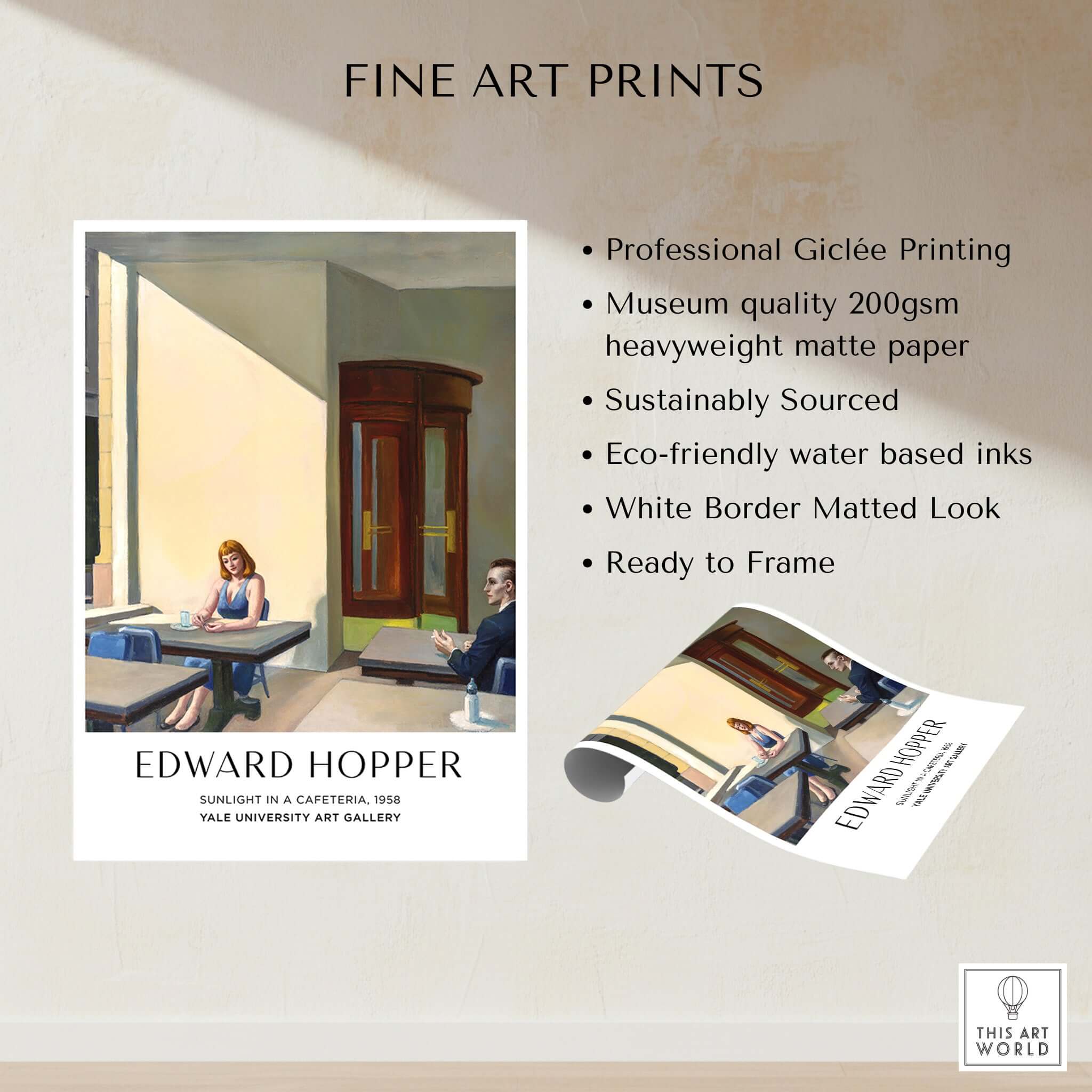 Edward Hopper Sunlight in a Cafeteria 1958 Yale Art Gallery Print featuring professional Giclée printing on matte paper.
