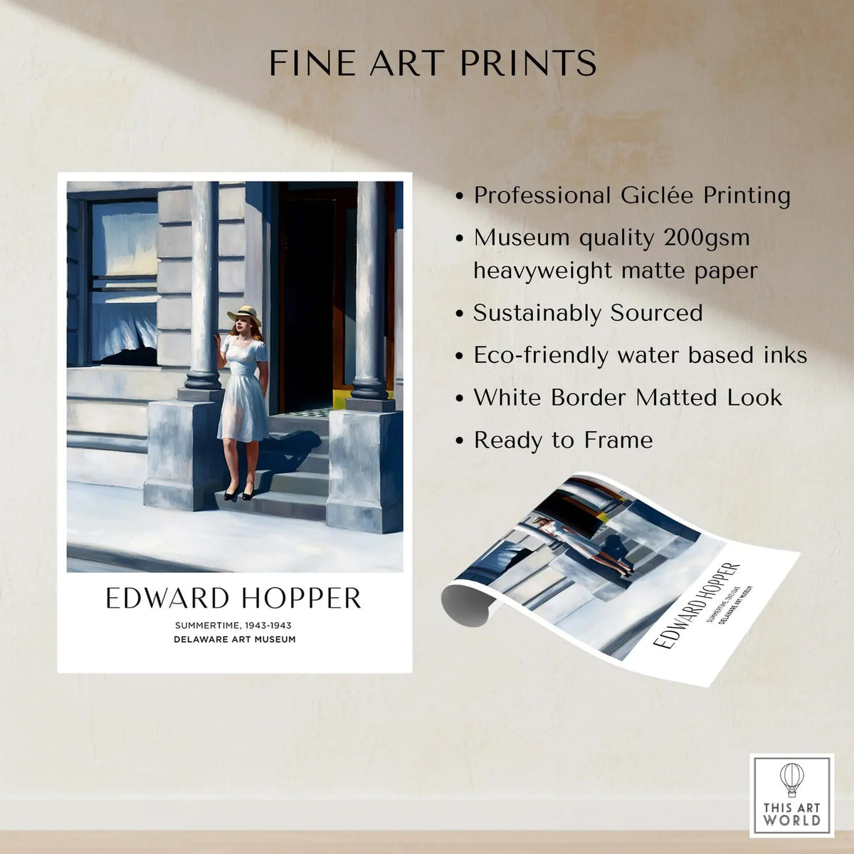 Edward Hopper Summertime 1943 Delaware Art Museum Art Print with details on professional printing and eco-friendly materials.