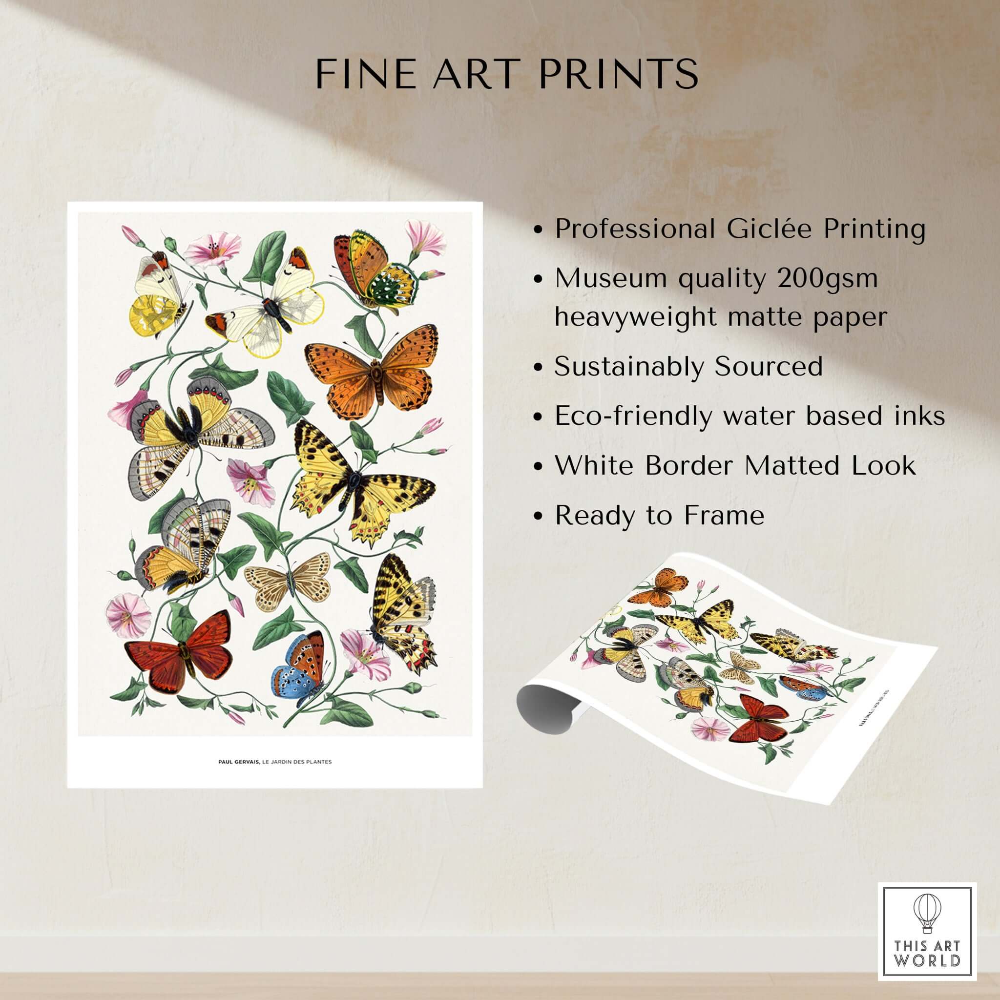 Paul Servais Butterflies Le Jardin des Plantes Vintage Botanical Wall Art showcasing colorful butterflies.