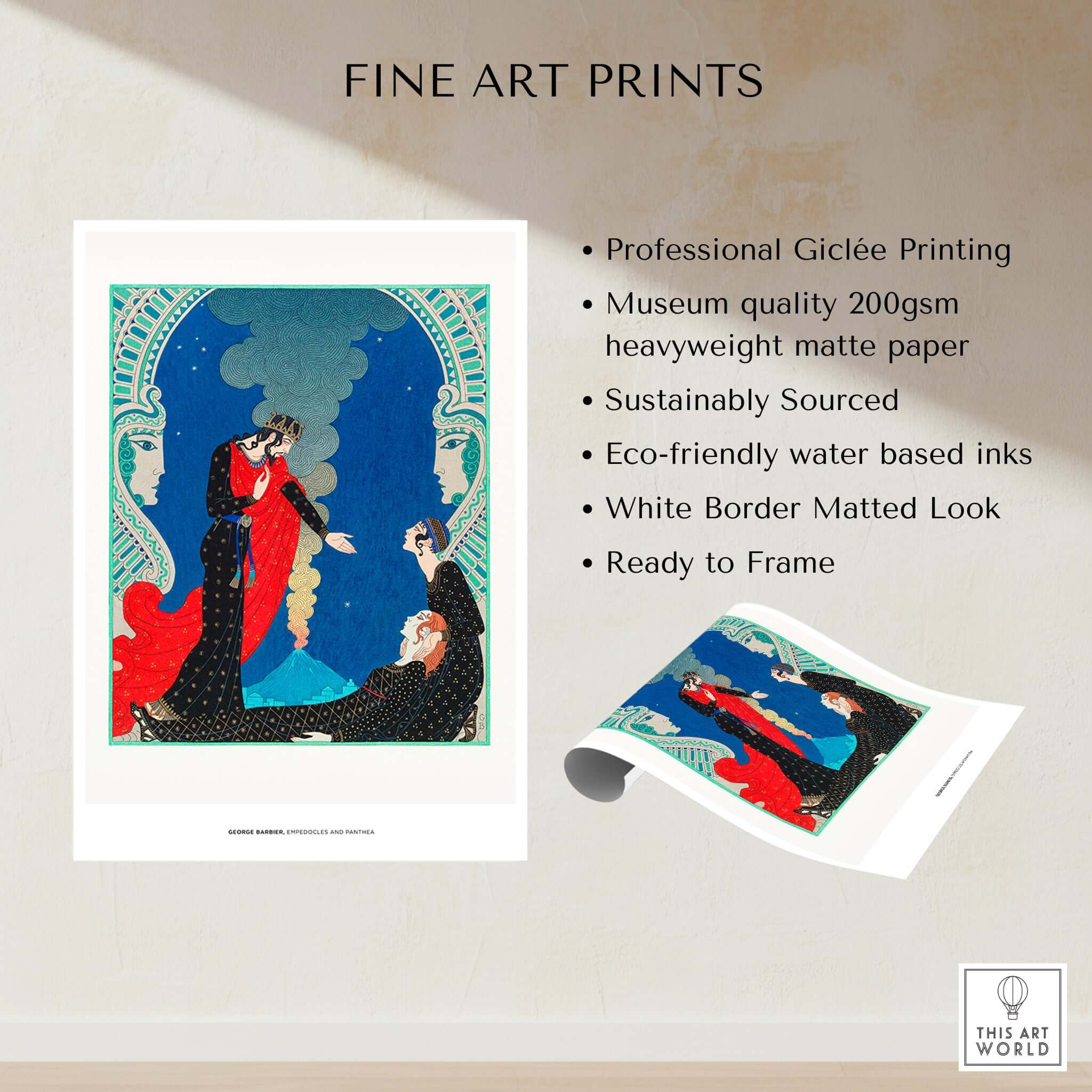 Exhibition Art Print George Barbier Empedocles Panthea Art Deco Mythology Poster Wall Art displayed in a chic environment.