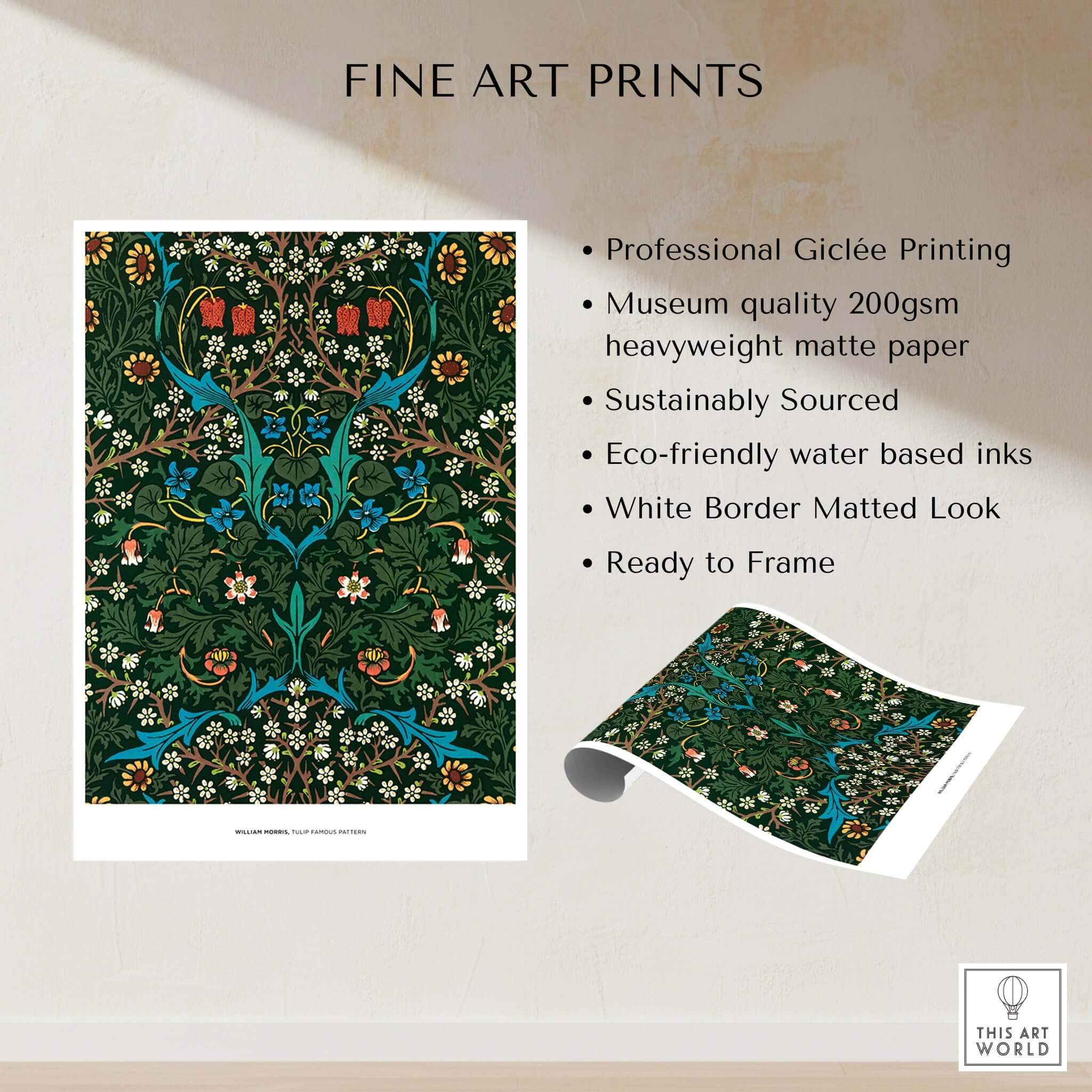 Exhibition Art Print William Morris Tulip Famous Pattern Arts Crafts Floral Poster Wall Art showcased on display