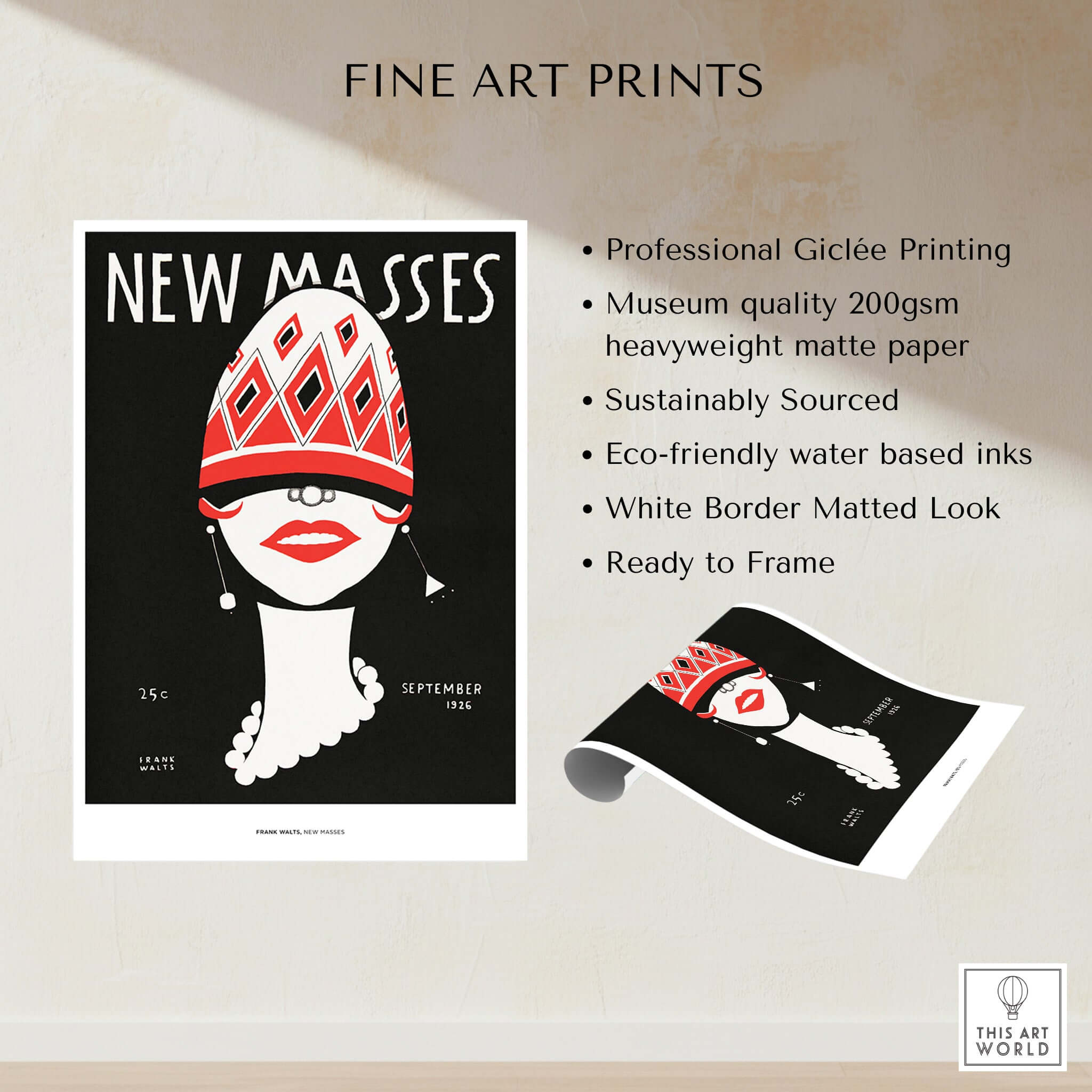 New Masses Frank Walts Art Deco Magazine Cover Poster Wall Art Print showcasing a stylized face and geometric patterns.