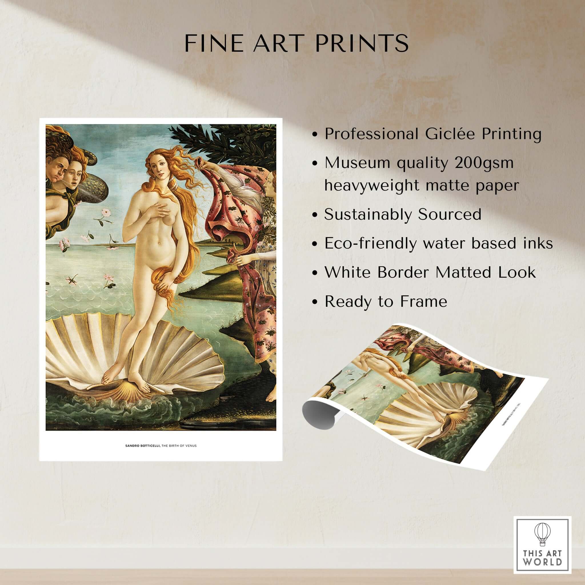 The Birth of Venus Art Print Sandro Botticelli Mythology Poster features high-quality printing and eco-friendly materials.