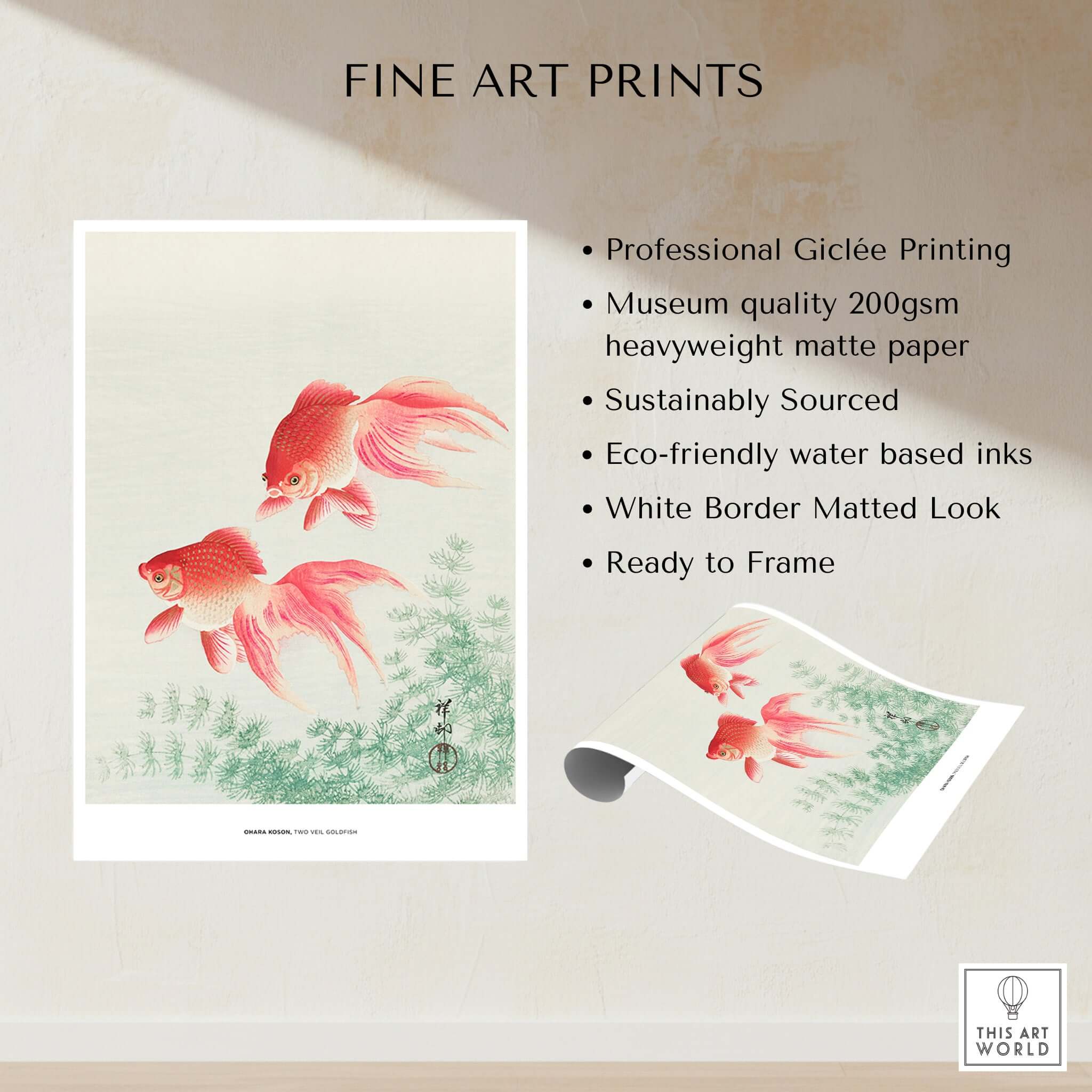 Exhibition Art Print Ohara Koson Two Veil Goldfish Japanese Fish Poster showcasing professional Giclée printing and eco-friendly inks.