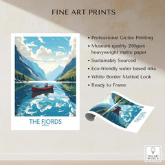 Fjords Norway Wall Art | Modern Style showcasing a stunning print of a serene fjord landscape with a red canoe.