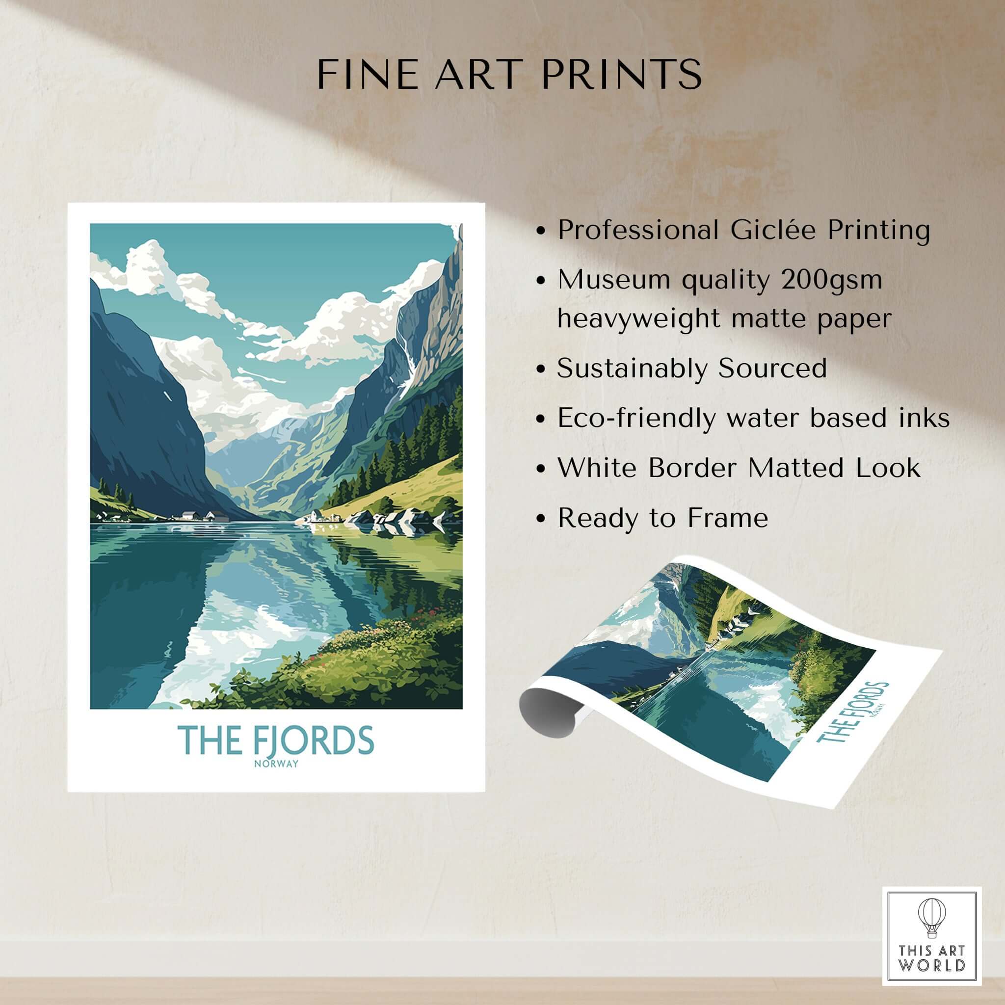 Fjords Wall Art | Modern Style showcasing professional Giclée printing on sustainable matte paper with stunning landscape design.