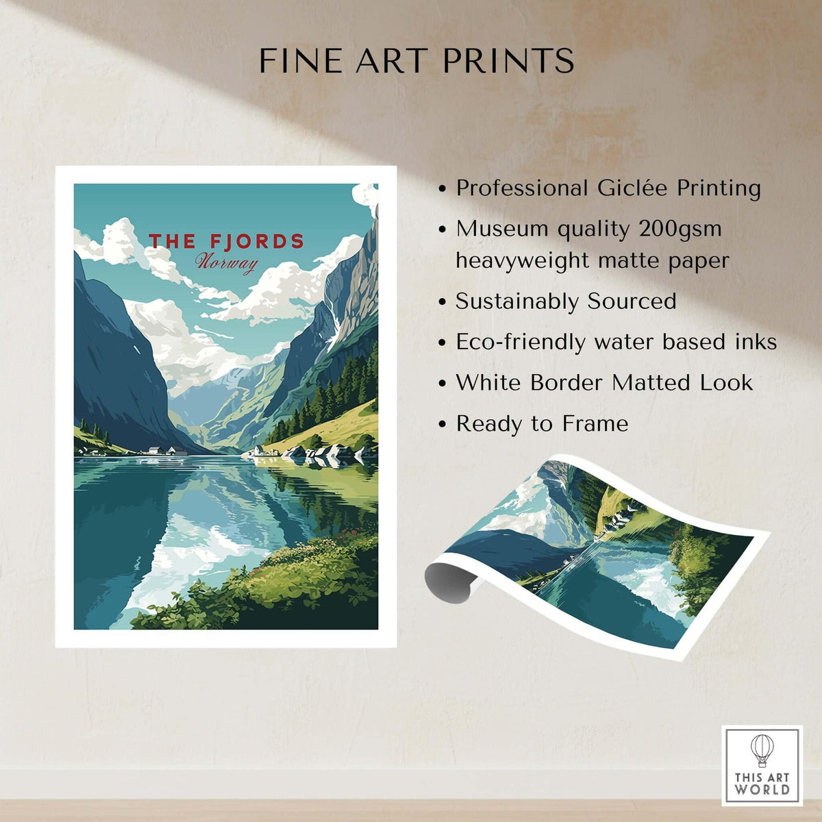 Norway Fjords Travel Poster showcasing stunning artwork of Norway's fjords with vibrant colors and a serene landscape.