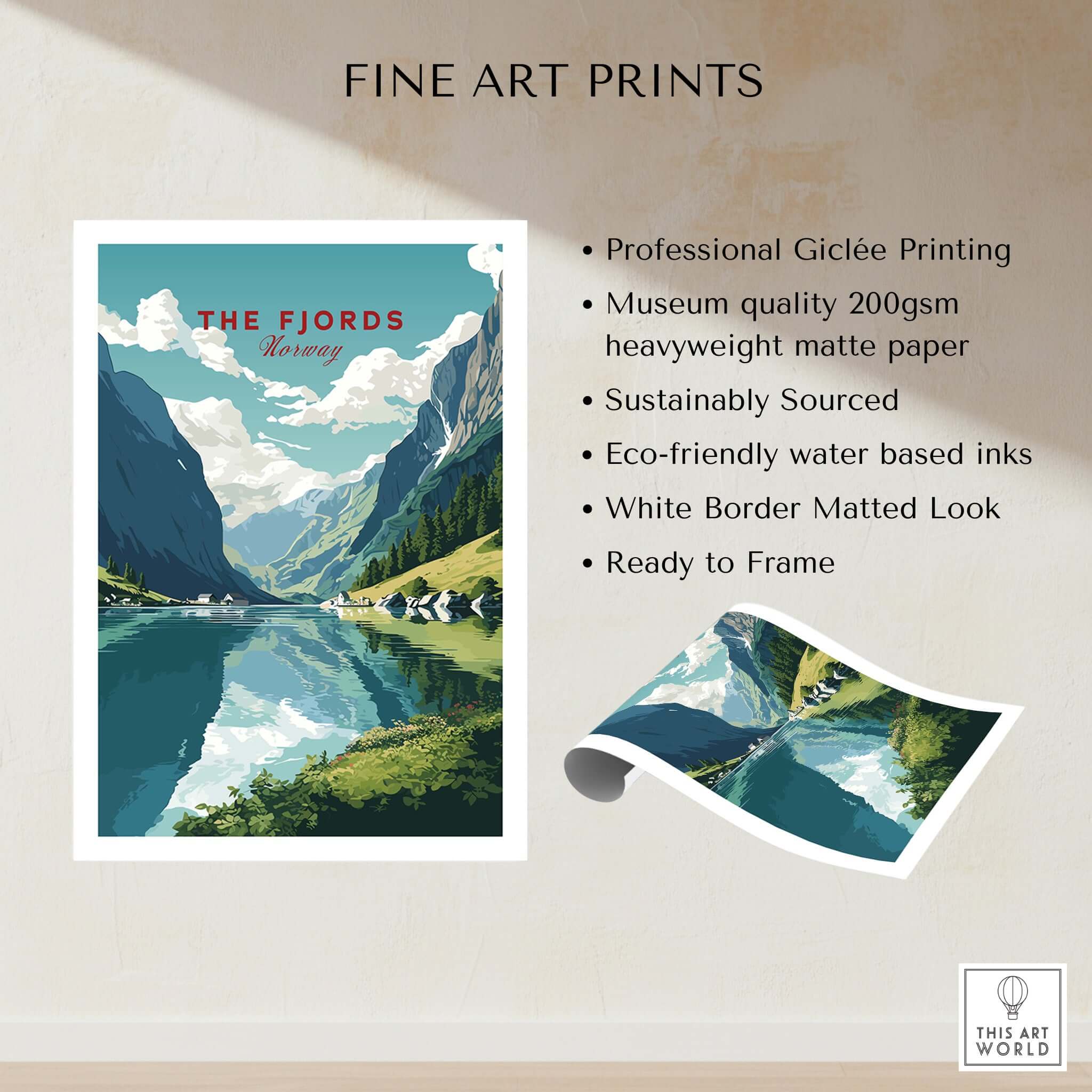 Norway Fjords Travel Poster showcasing stunning artwork of Norway's fjords with vibrant colors and a serene landscape.