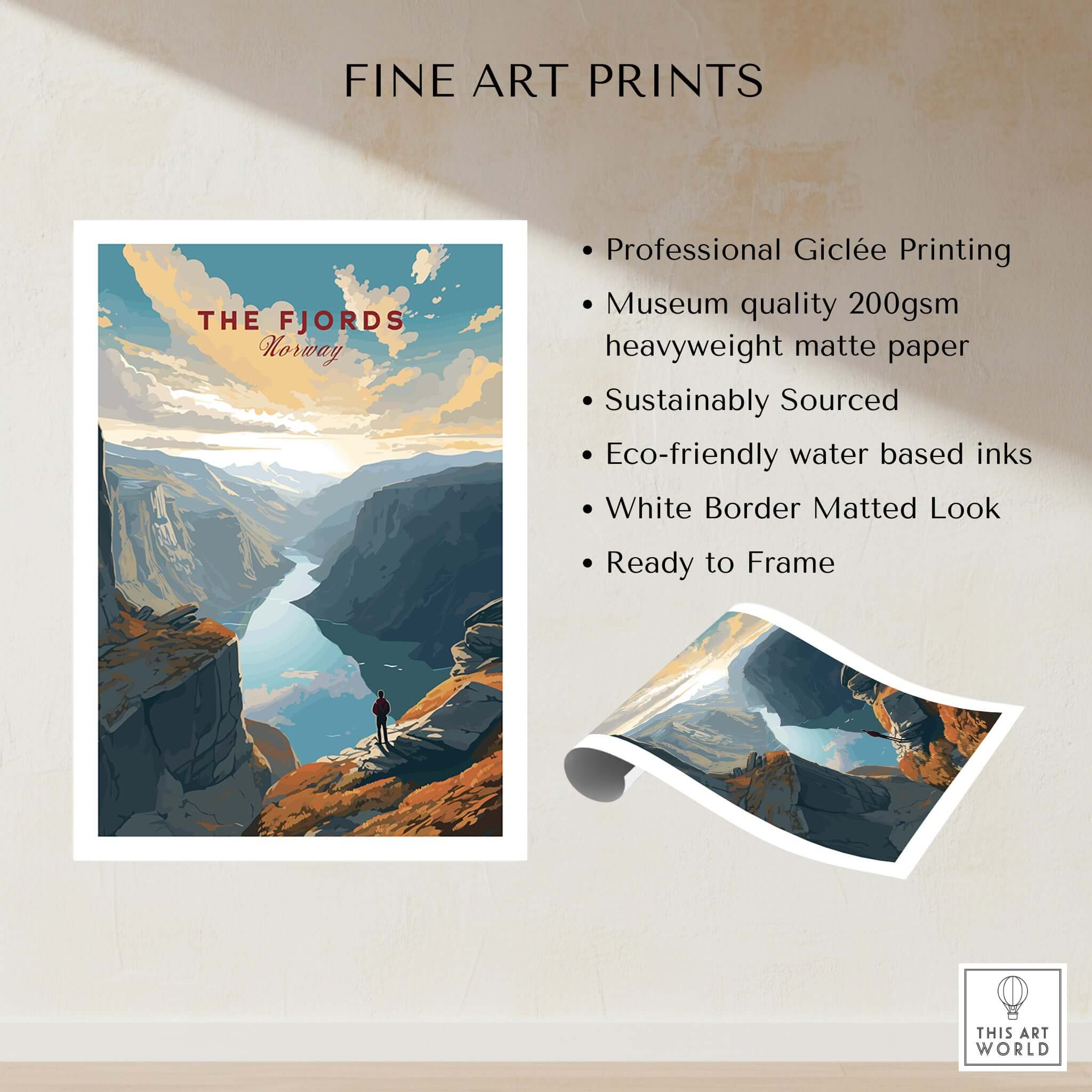 Fjord Wall Art Print - Norway showing majestic cliffs and water, perfect for home decor.