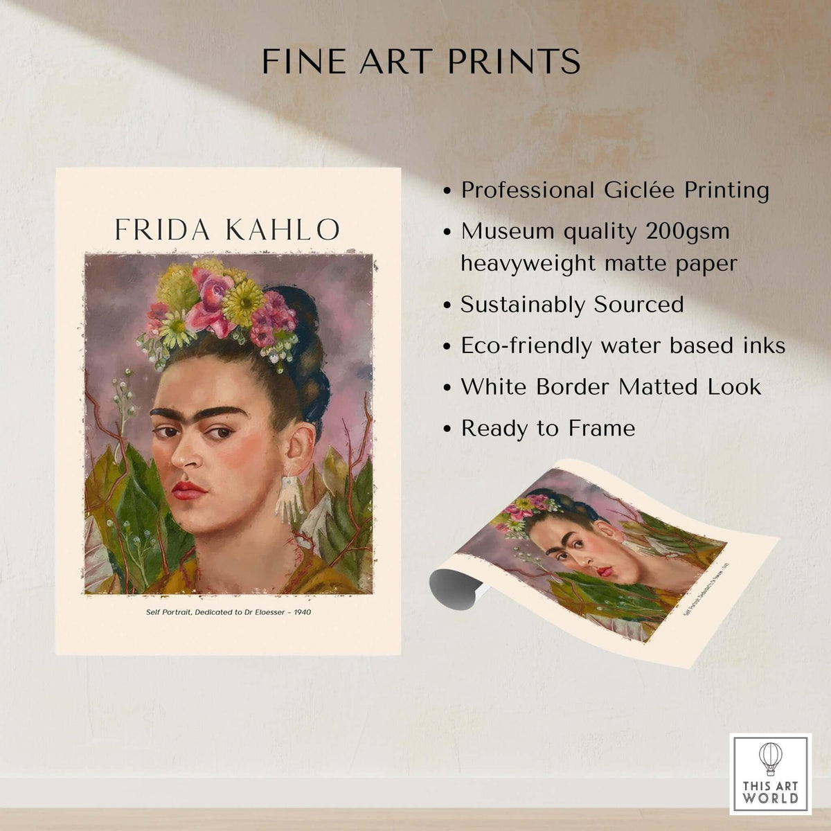 Frida Kahlo Self Portrait Dedicated Dr Eloesser Floral Poster Art Print showcasing vibrant floral crown and hand-shaped earrings.