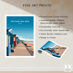 Frinton-on-Sea Travel Poster – Essex Coastline Beach Huts & Prom Art featuring colorful beach huts and seaside promenade.