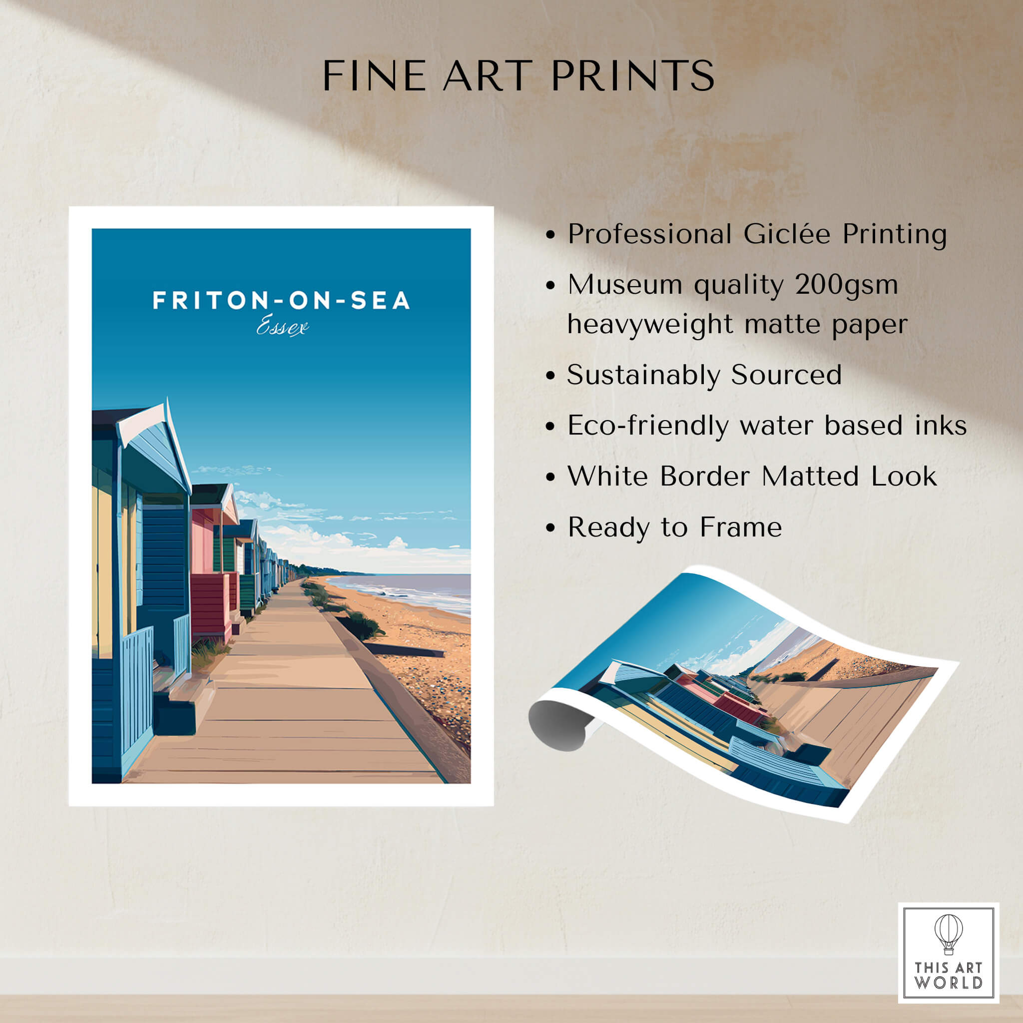 Frinton-on-Sea Travel Poster – Essex Coastline Beach Huts & Prom Art featuring colorful beach huts and seaside promenade.