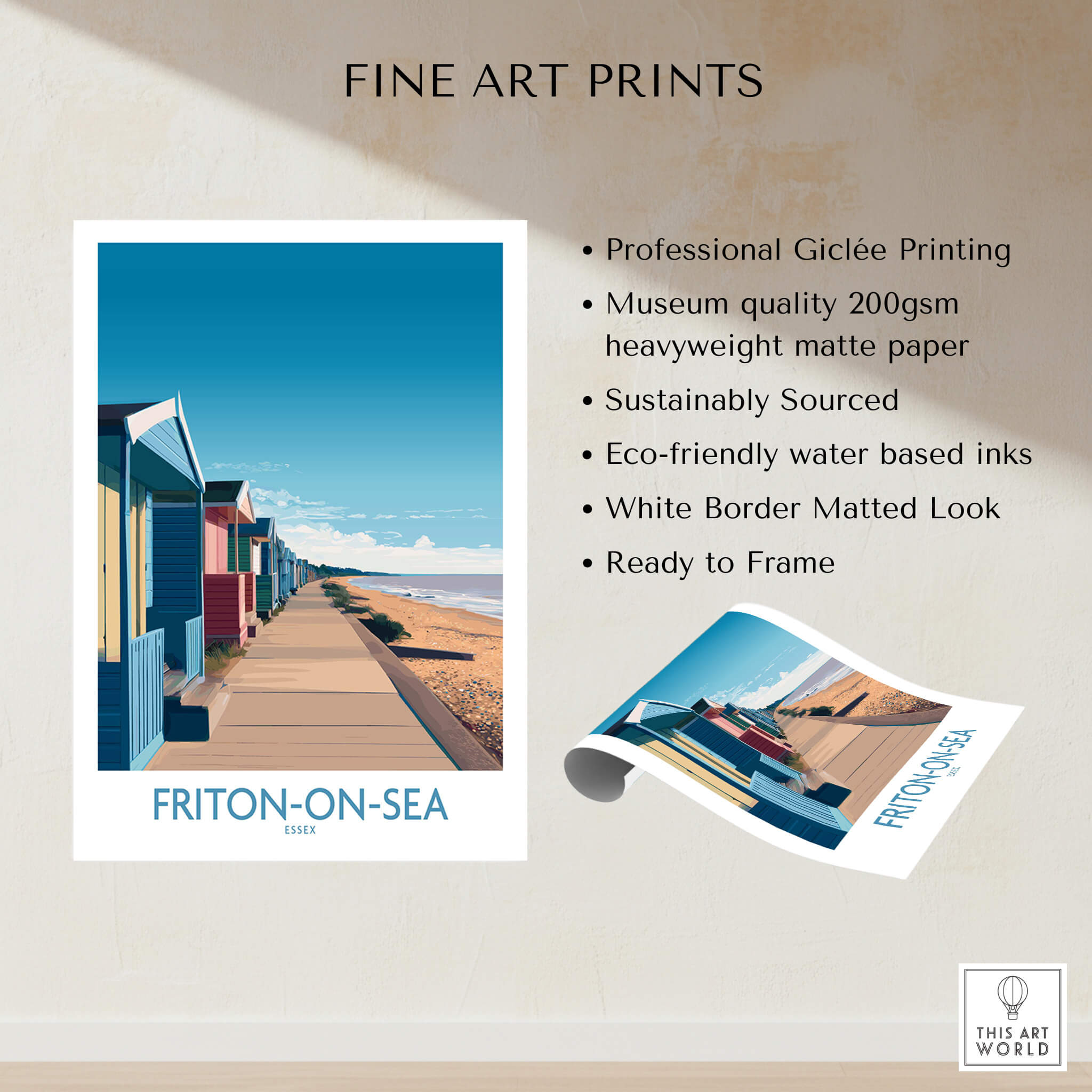 Frinton-on-Sea England Wall Art – Colorful Seaside Beach Hut Decor Print featuring colorful beach huts on the Essex coast.
