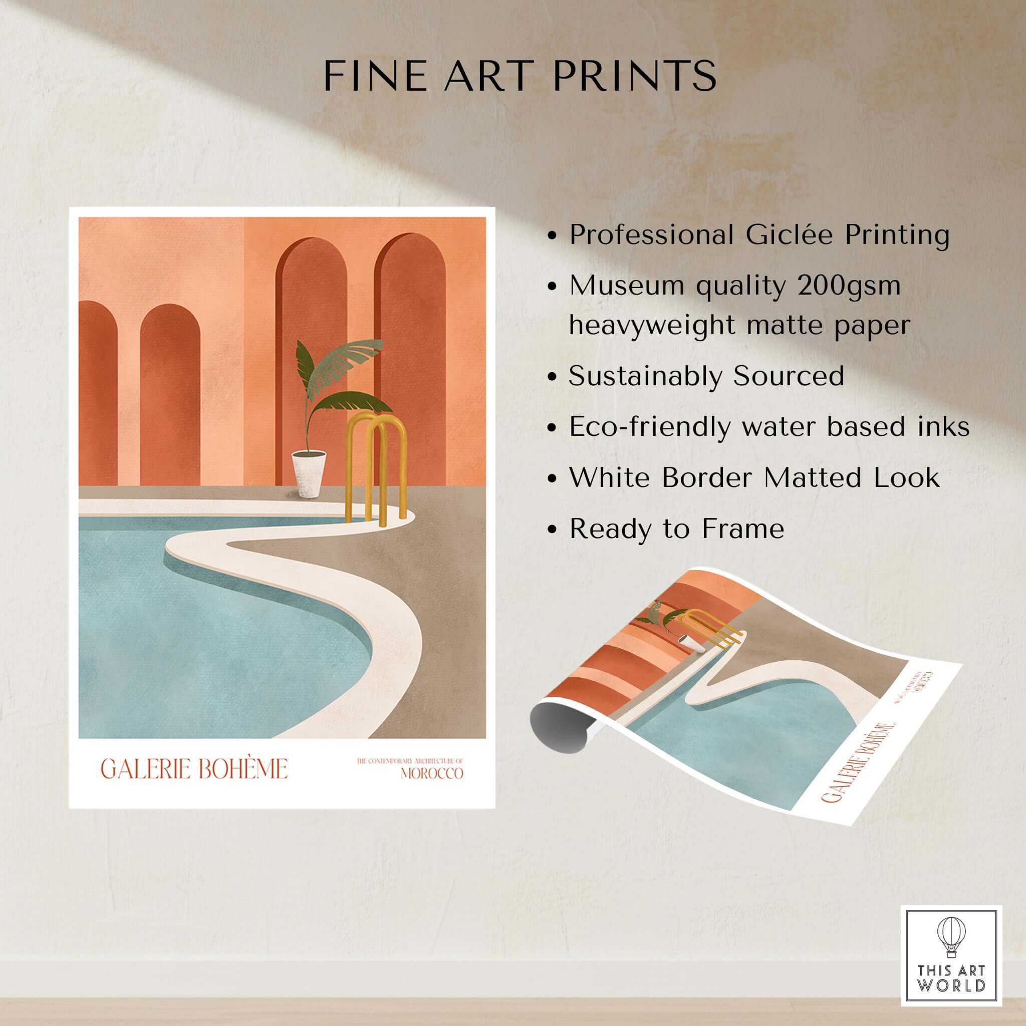 GALERIE BOHÈME Poolside Morocco Architecture Poster Minimalist Wall Art Print features sleek design and eco-friendly materials.