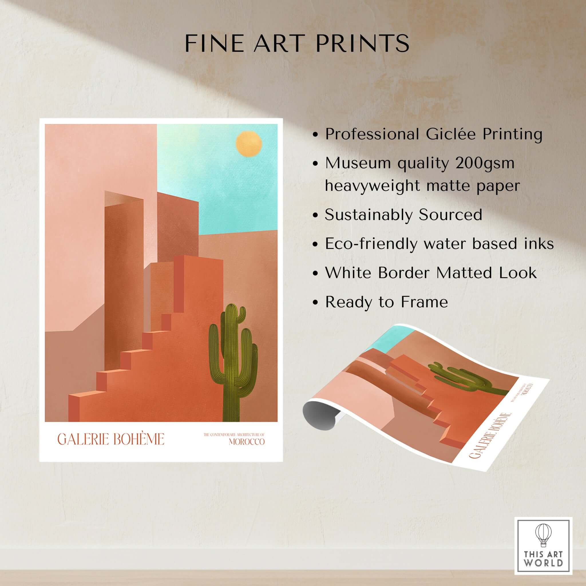 Galerie Bohème Abstract Moroccan Stairs Cactus Poster Desert Wall Art Print showcasing professional Giclée printing and sustainable materials.