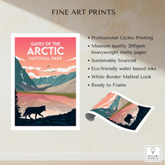 Gates of the Arctic National Park fine art print with wolf silhouette, mountains, and lake.