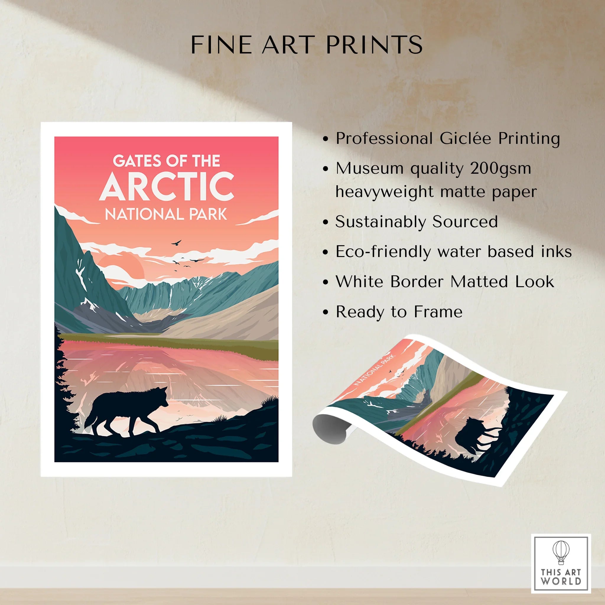 Gates of the Arctic National Park fine art print with wolf silhouette, mountains, and lake.