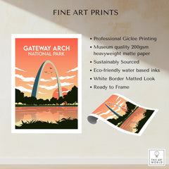 Gateway Arch National Park art print with sunset, fine art poster for wall decor
