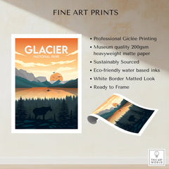 Glacier National Park travel poster print with sunset mountains, lake, and moose silhouette.