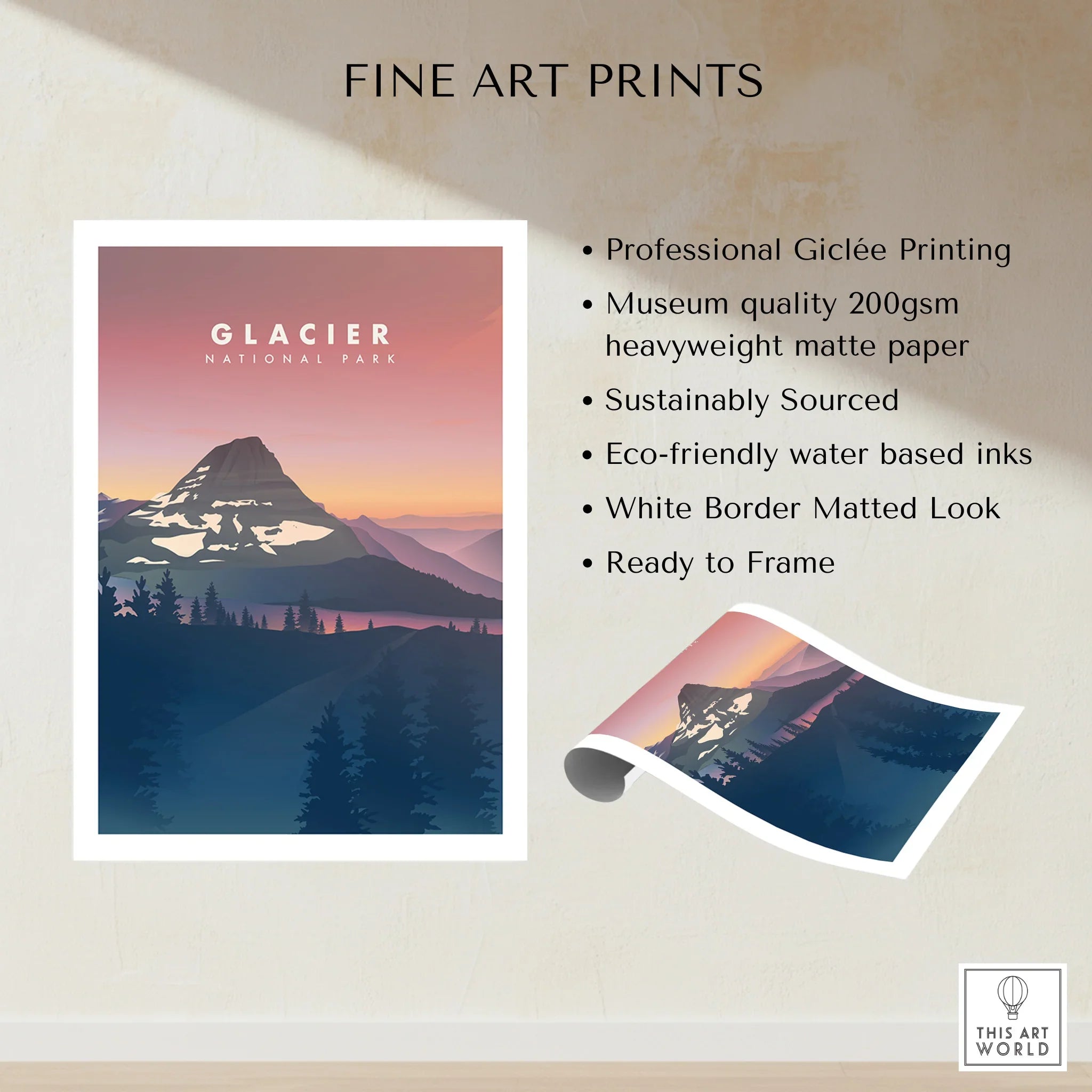 Glacier National Park travel poster fine art print with mountain landscape, matte finish