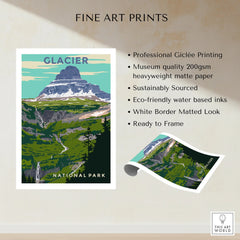 Glacier National Park fine art print with mountain landscape, white border, unframed poster details.