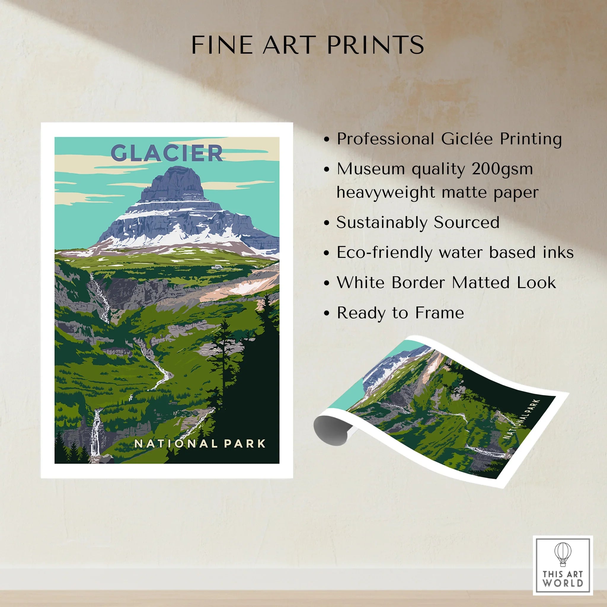 Glacier National Park fine art print with mountain landscape, white border, unframed poster details.