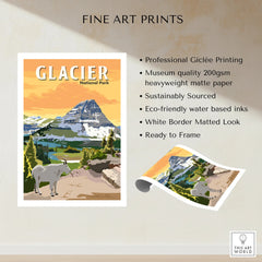 Glacier National Park art print with mountain landscape, goat, and eco-friendly features listed.