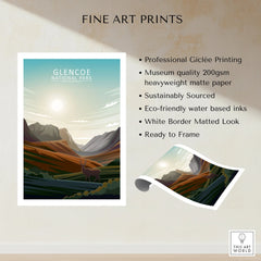 Glencoe National Park fine art print with sunrise, mountains, and deer, unframed poster details.