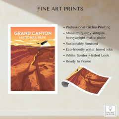 Grand Canyon National Park art print with sunrise canyon view and flying bird, unframed
