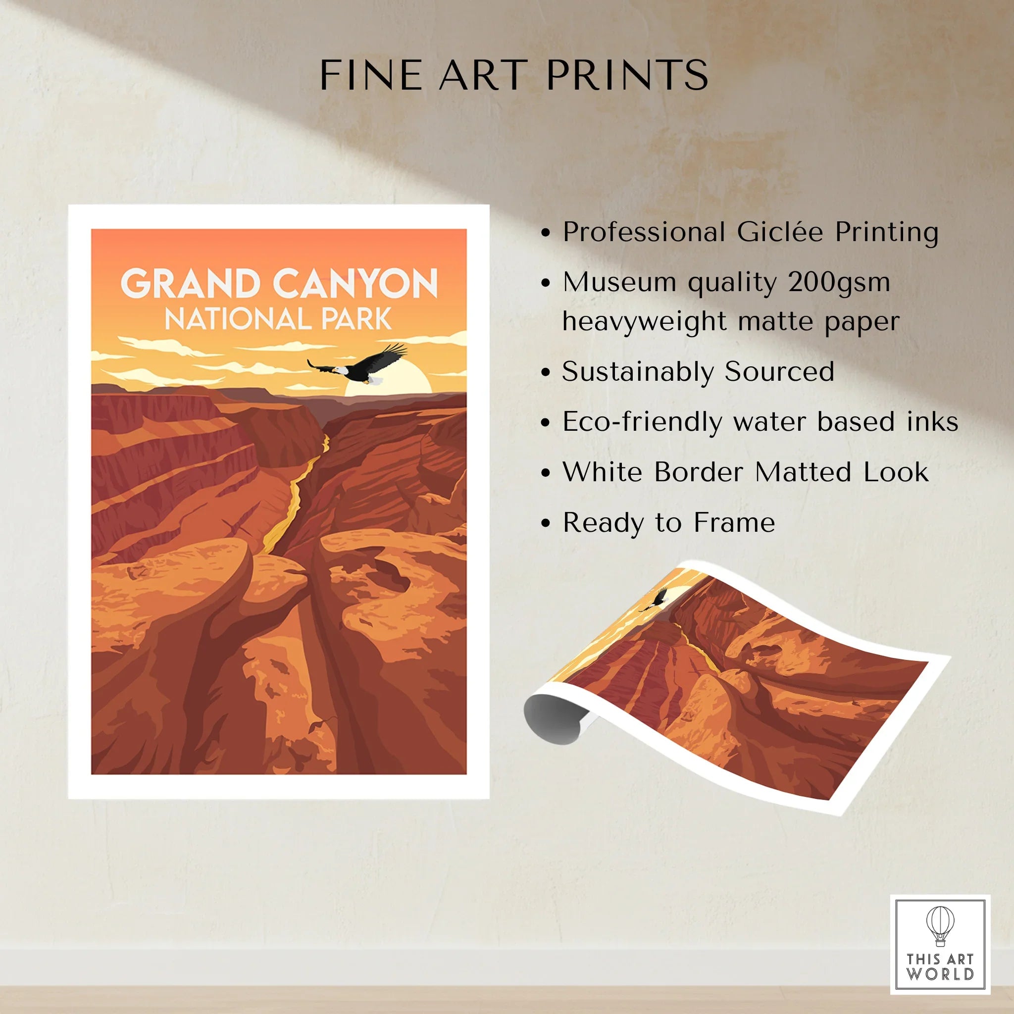 Grand Canyon National Park art print with sunrise canyon view and flying bird, unframed