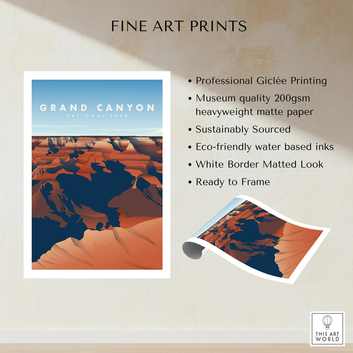 Grand Canyon National Park fine art print with bold canyon colors and white border