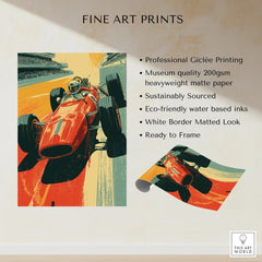 Vintage race car wall art print showcasing a red grand prix car on matte paper.